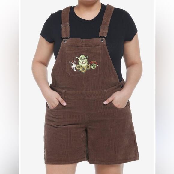 Hot topic her universe shrek brown corduroy short overalls embroidered shrek 1X - Picture 1 of 11